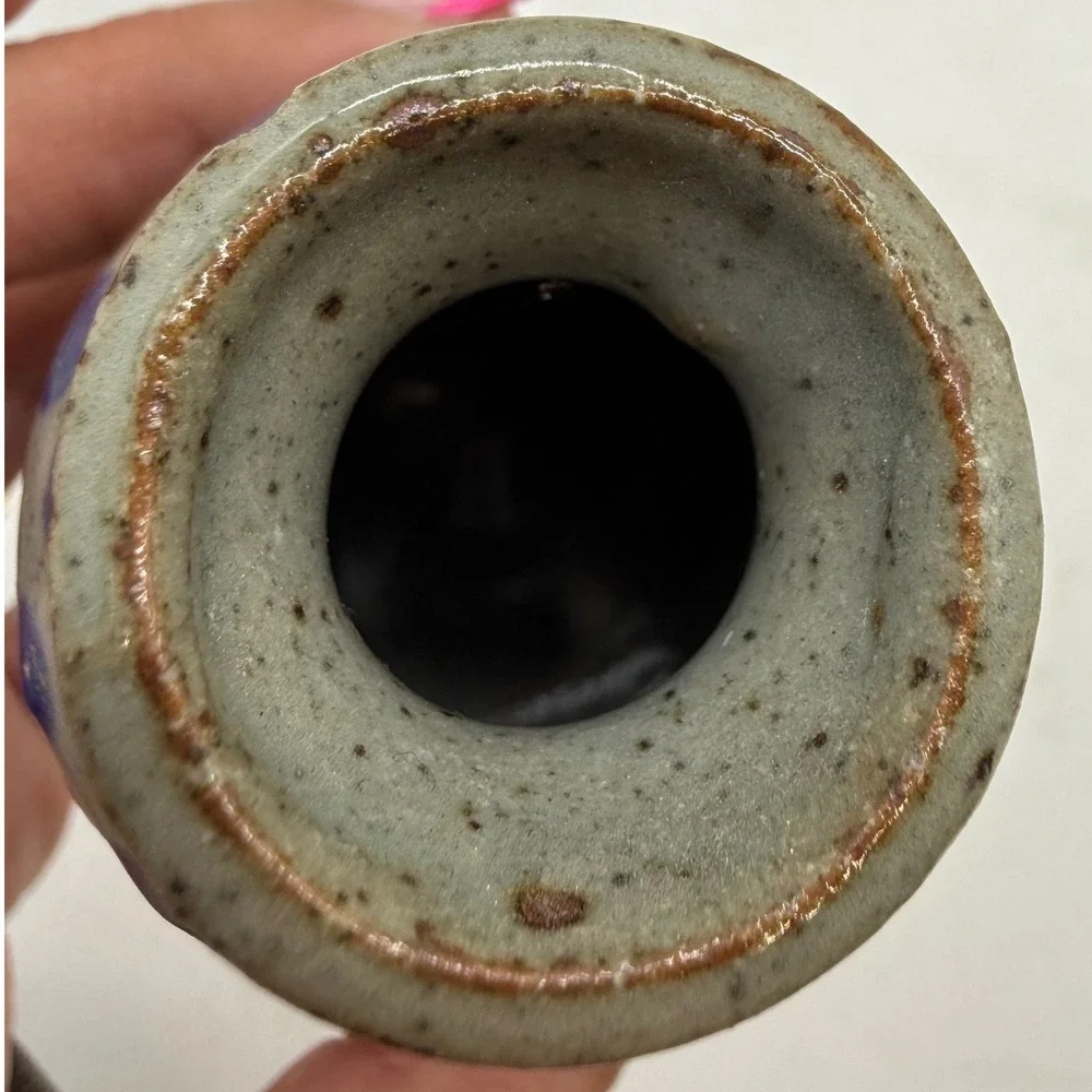 Knobler Japan Studio Pottery Bud Vase Blue Brown Polka Dot‎ Stoneware MCM 4 inch